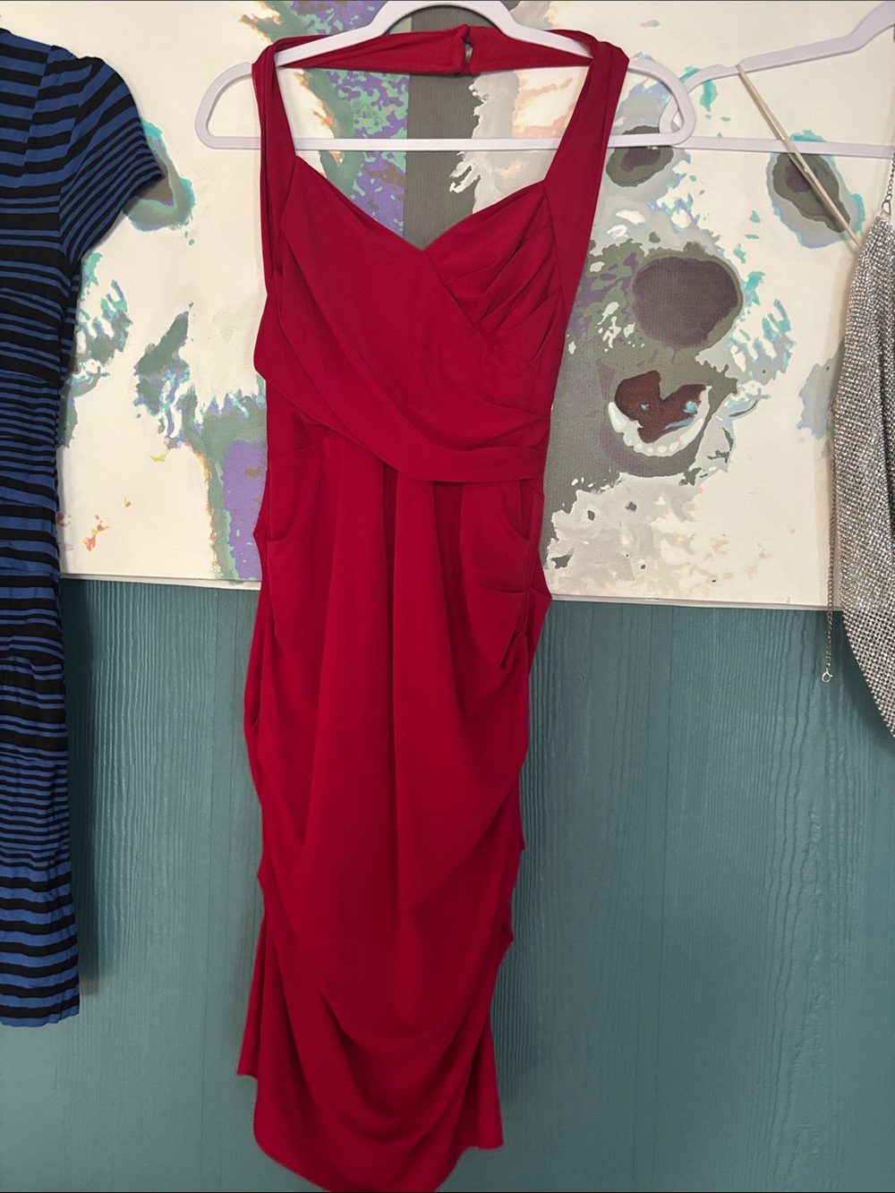 Nicole Miller Red Sleeveless Draped Midi Dress